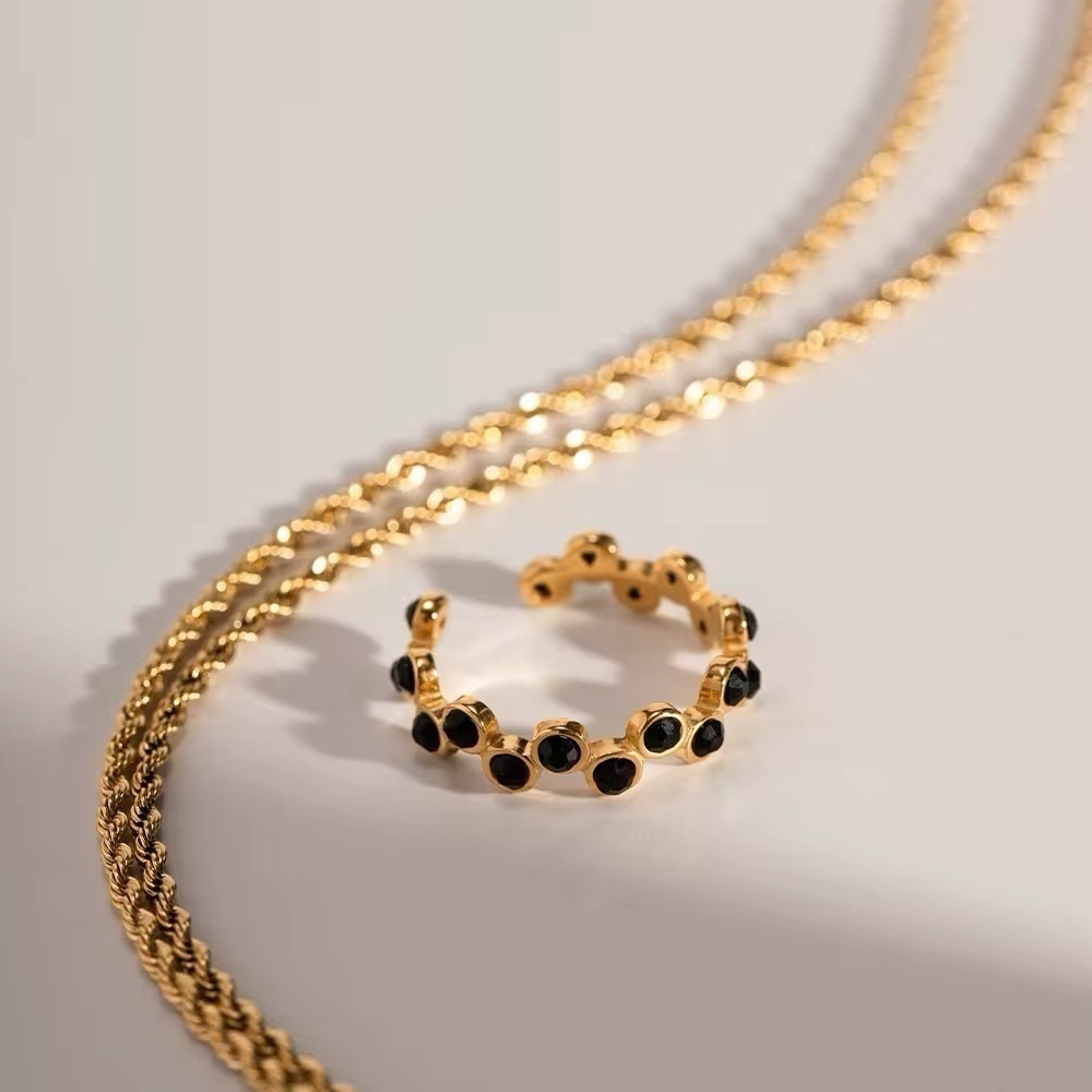 18k Gold Plated Black Cubic Zirconia Staggered Open Ring - Picture 1 of 7